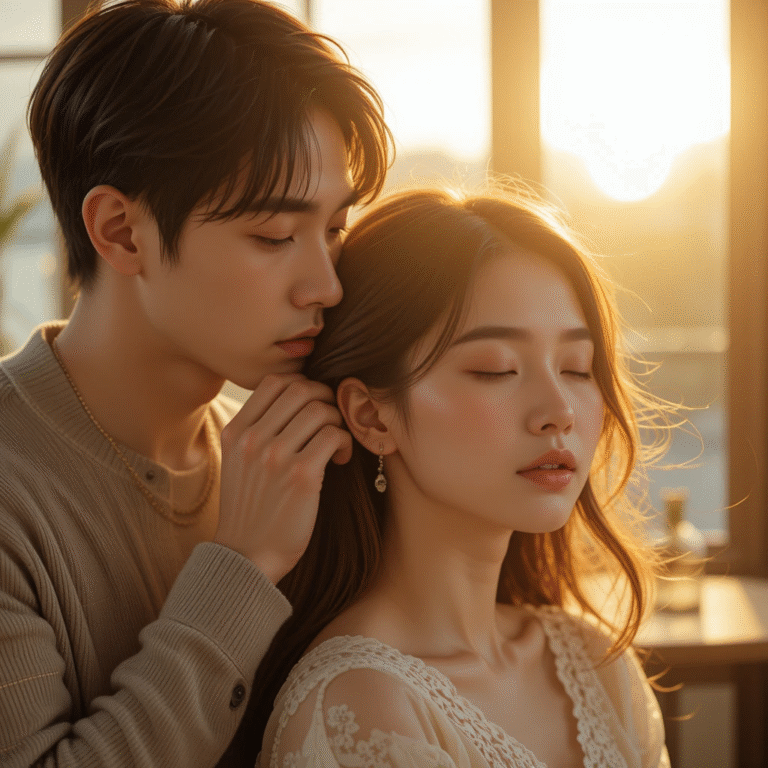 a young man gently running his fingers through the woman's hair