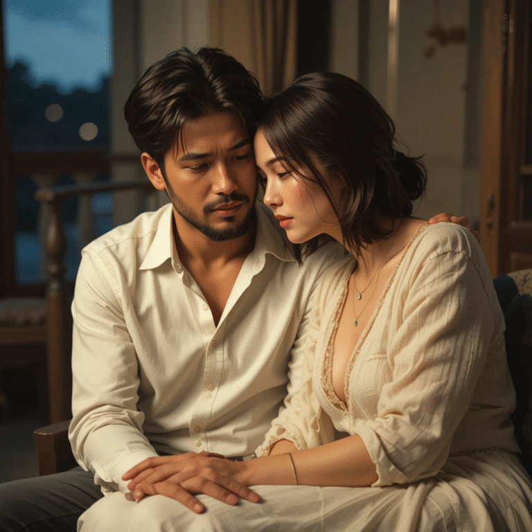 A deeply emotional scene of a couple sitting together,