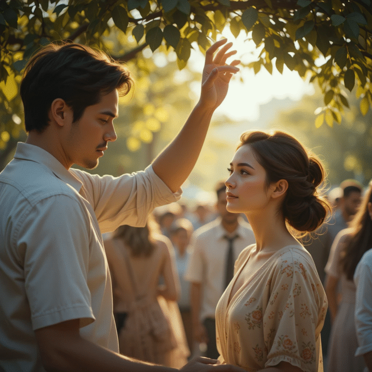 A soft, emotional scene of a man gently caring for a woman without her asking