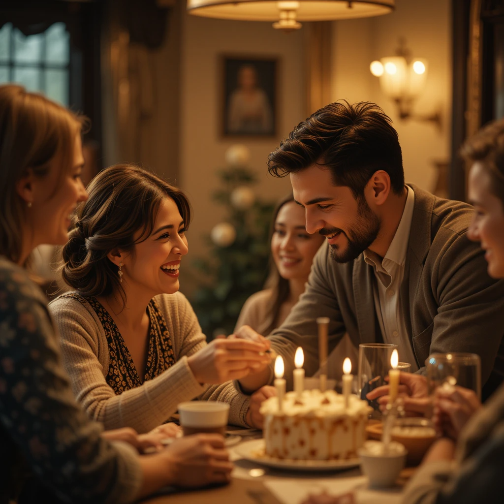 A warm, heartfelt scene showing a man respectfully engaging with the woman’s family or close friends